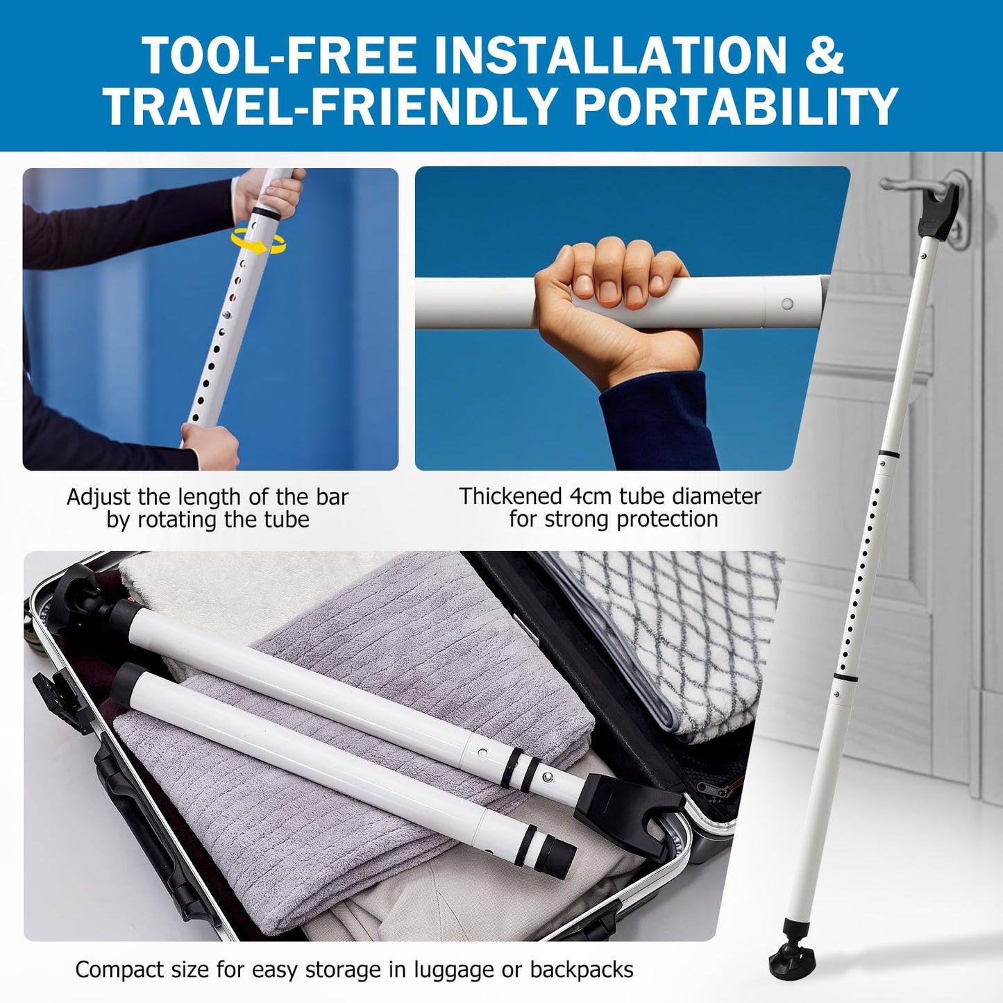 Heavy Duty Sliding Door Security Bar, Adjustable 23"-47" Security Window Stopper Jammer for Home & Travel, Door Lock Stick Bar with Anti-Slip 360° Base Fits All Floors, Hotel/Apartment Safety Device