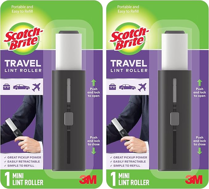 Scotch-Brite Retractable Lint Rollers 2-Pack, Portable Travel-Size Lint Removers for Pet Hair on Clothes, Furniture & Car, 3 in x 8.5 in Mini Rollers, 30 Sticky Sheets Each