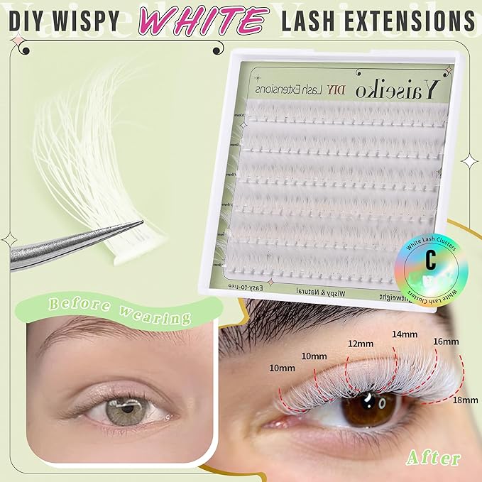 White Lashes Clusters Wispy Eyelash Extension Colored Eyelashes 10-18MM Reusable 50D Natural Individual Lashes Cosplay DIY Lash Extensions (White,120Pcs)