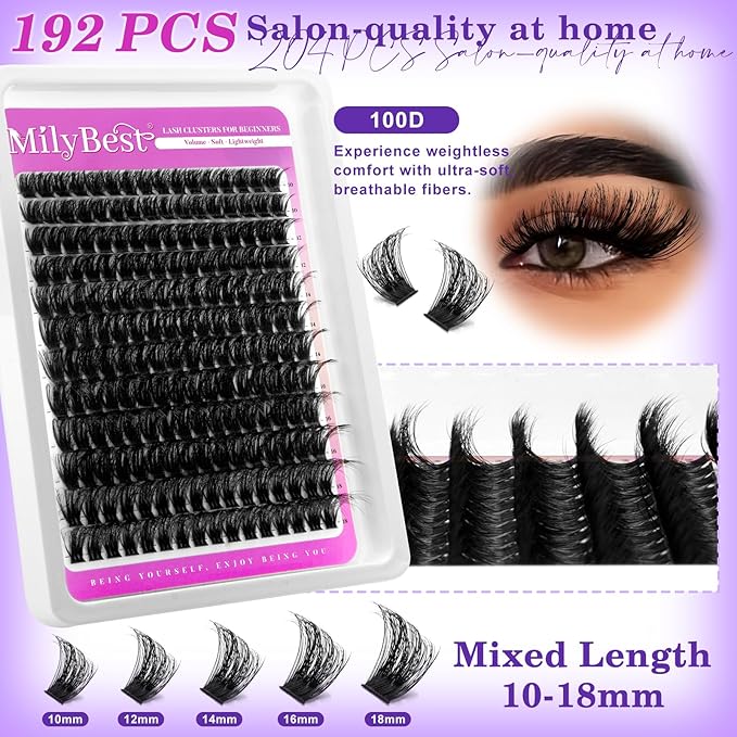 MilyBest Lash Clusters Kit 564Pcs Eyelash Clusters Lashes Wispy Cluster Eyelash Extensions Kit 3 Styles Fluffy Lashes Clusters 10-18mm Volume DIY Individual Eye Lash Clusters Lash Box with Bond&Seal