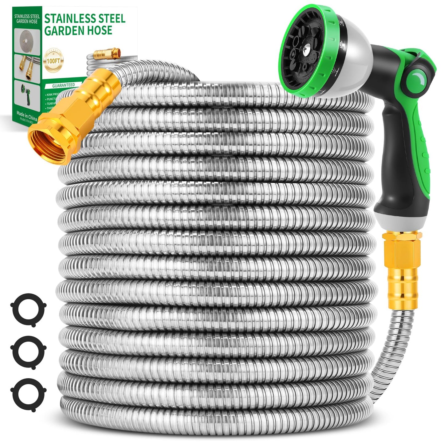 Toolasin Garden Hose 100FT, Flexible Stainless Steel Water Hose with 10-Function Nozzle, No-Kink, Leak-Proof, Wear-Resistant, 3/4 GHT, Easy to Use and Store, Ideal for Garden, Yard, Outdoor
