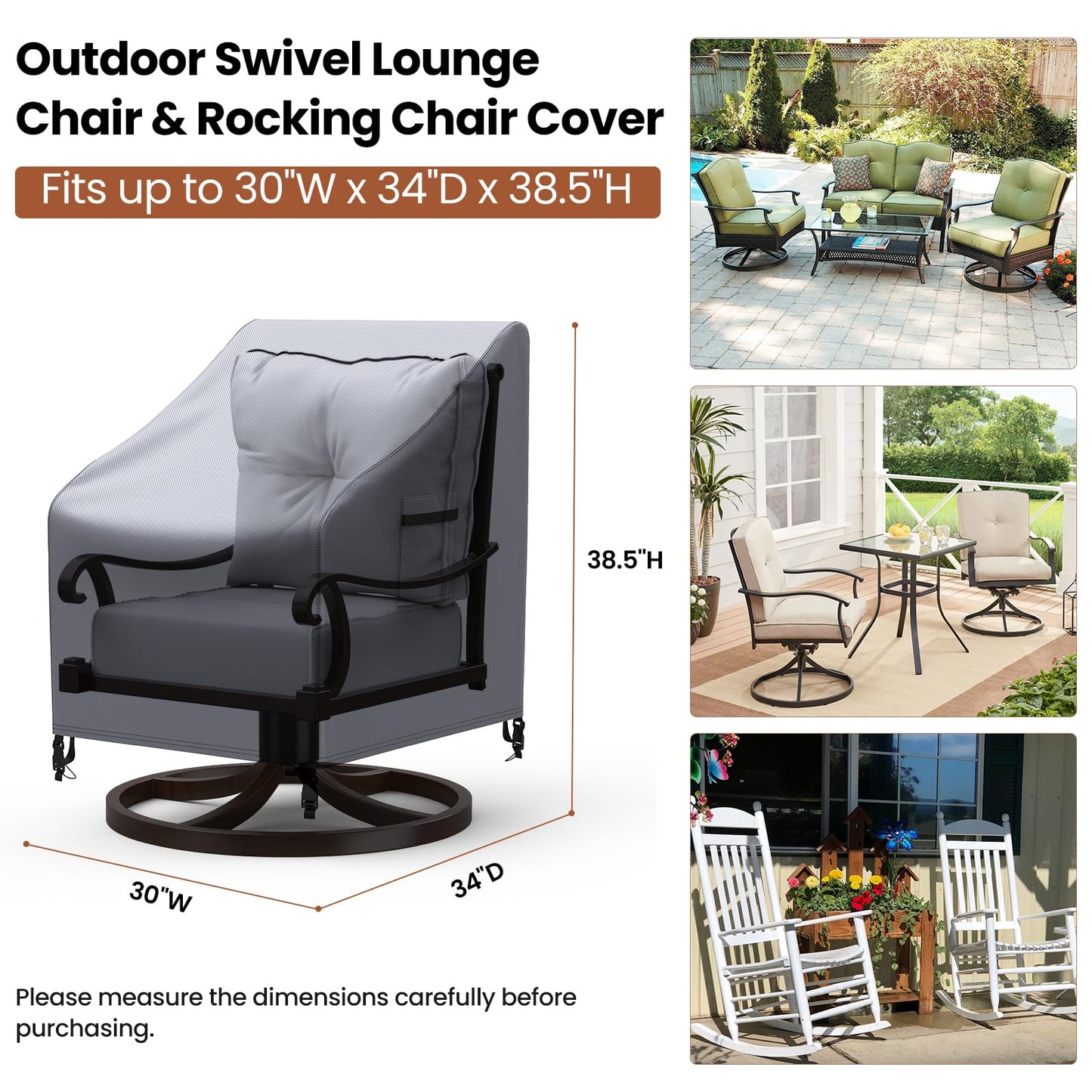 Mrrihand Patio Chair Covers, 2 Pack Outdoor Swivel Lounge Chair Cover, Heavy Duty Patio Rocking Chair Covers, Patio Furniture Covers Waterproof, 30" W×34" D×38.5" H, Grey