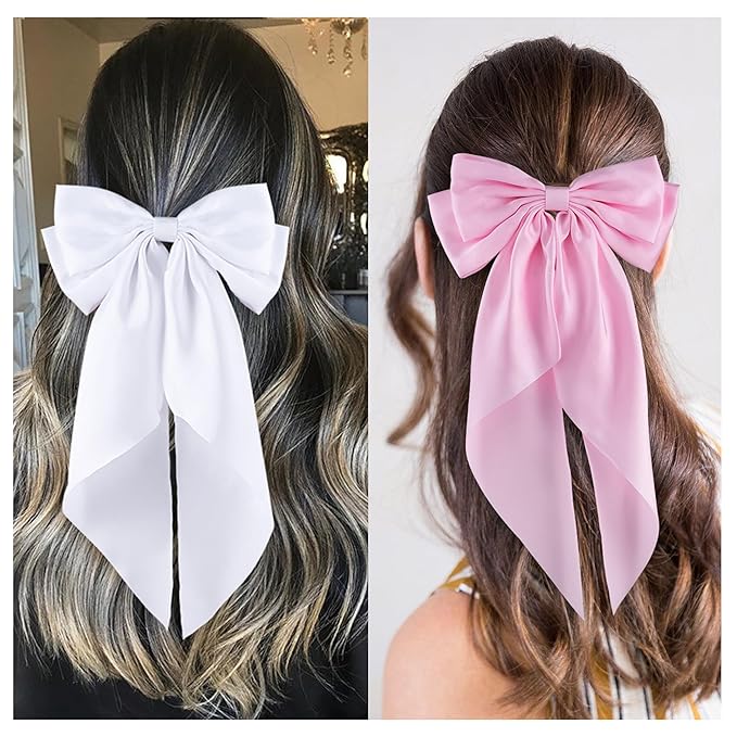6Pcs Large Bows Hair Clips for Women Girls Long Tail Hair Ribbon Silky Satin Barrettes Coquette Bows Accessories (Black/Pink/White)