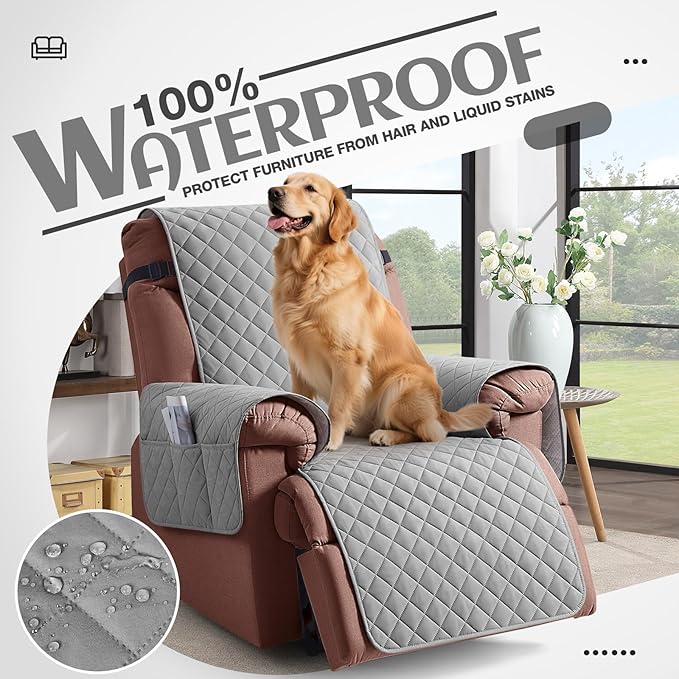 KinCam 100% Waterproof Recliner Chair Cover, Reclining Couch Covers for Pets, Dogs, Recliner Couch Slipcover Furniture Protector with Elastic Straps for Kids(23.6", Light Gray)