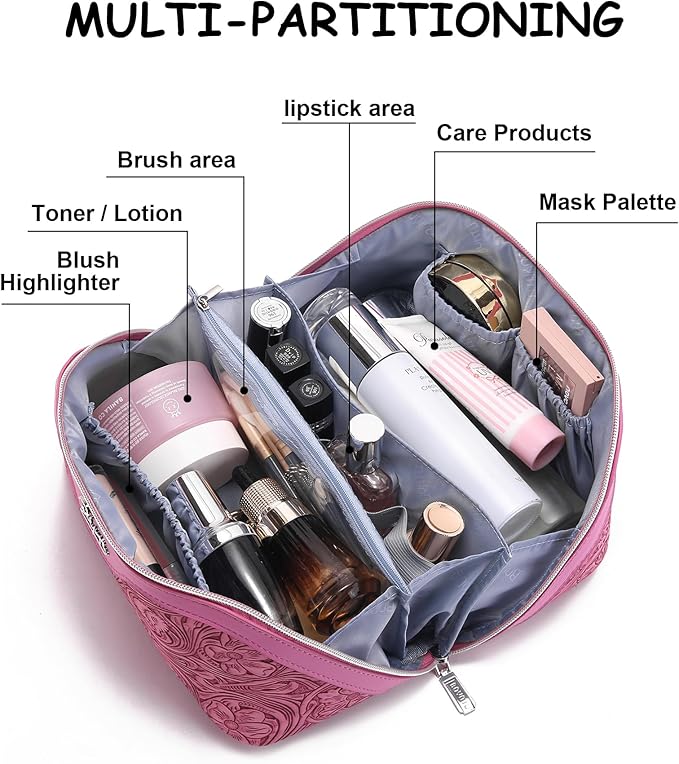 BOYATU Travel Makeup Bags Cosmetic Organizer Bag: 3 Pcs Set Large Capacity Floral Make up Bag with Compartments - Waterproof Leather Toiletry Bags with Handle for Women (20-Red)