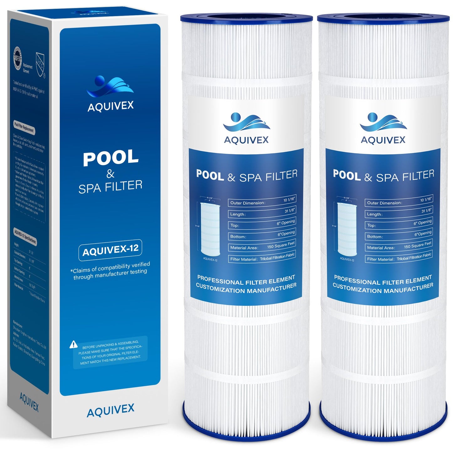 AQUIVEX CCRP150 Pool Filter Cartridge, Compatible with Pentair Clean & Clear 150, 160317, Pentair Clean and Clear RP 150, 160355, R173216, Pleatco PAP150, Filbur FC-0687, Unicel C-9415, 2 Pack