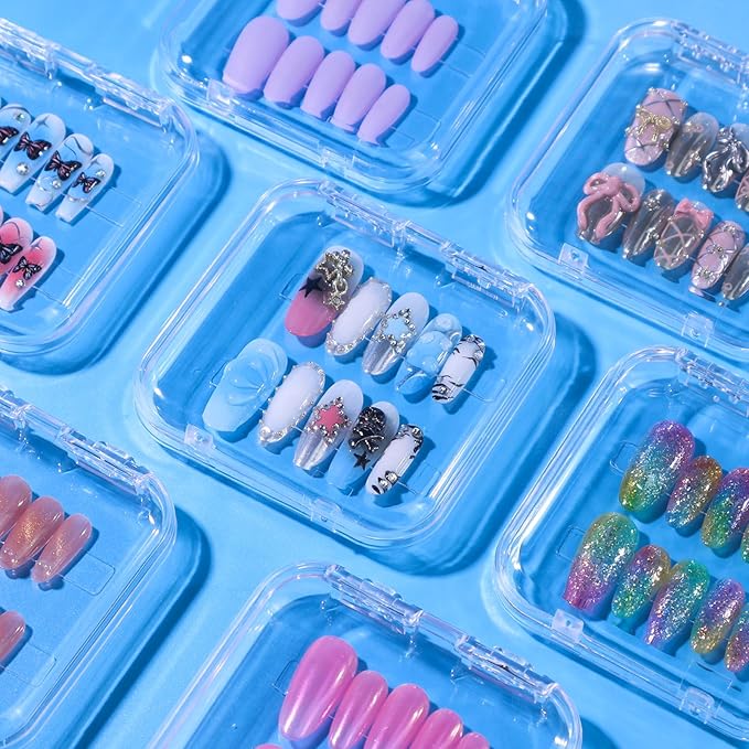 16 Pcs Acrylic Press on Nail Storage Box with Adhesive Double Sided Tape, Press on Nails Packaging Fake Nail Storages Case for Fake Nail Storage Nail Display Nail Salon