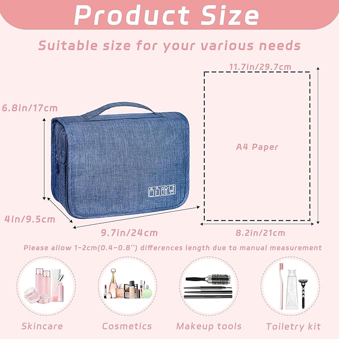 Toiletry Bag Travel Bag with Hanging Hook, Waterproof Capacity Hanging Multifunctional Makeup Bag for Toiletries, Portable Cosmetic Bag Travel Organizer for Women and Men(Navy Blue)