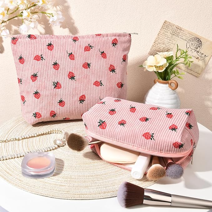 SOIDRAM 2 Pcs Makeup Bag Large Cosmetic Bag Toiletry Bag Makeup Pouch Travel Bag Organizer Cute Makeup Brushes Aesthetic Accessories Storage Bag for Women Pink Strawberry