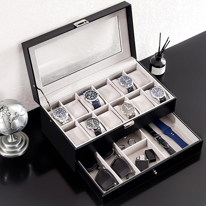 ProCase Watch Box, 12 Slot Mens Watch Case With Drawer, 2-Layer Watch Display Case With Glass Lid, Mens Jewelry Box Storage Holder Organizer, Birthday Valentine Gifts for Men -12Slot, Black