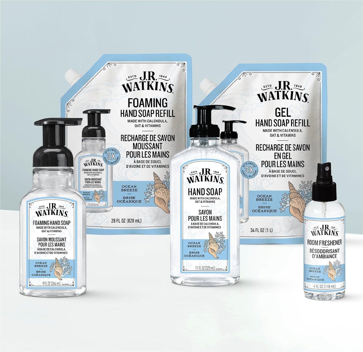 J.R. Watkins Foaming Hand Soap Refill, Moisturizing Foam Hand Wash, Formulated with Plant-Based Cleansers, Alcohol-Free, Cruelty-Free, Ocean Breeze, 28 fl oz, 2 Pack