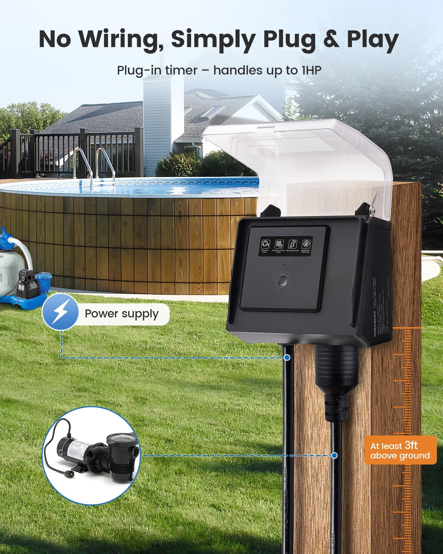 SURAIELEC WiFi Pool Timer for Above-Ground Pools, Twist-Lock NEMA L5-20R Plug-in Timer, 20A 125V 1HP, Weatherproof PC Cover, App Control, Ideal for Pool Pumps, Filters, Lights, and Saltwater Systems