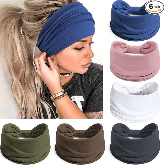 Awumbuk Wide Headbands for Women Knotted No Slip Head Bands Soft Turban Headband Hair Accessories Boho African Solid Color Head Wraps for Women Yoga Workout Pack of 6