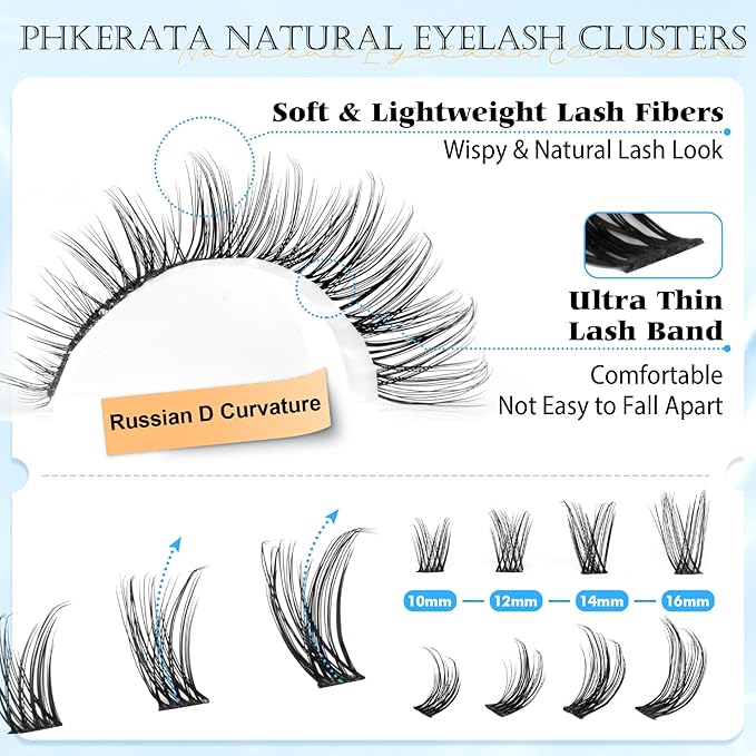 PHKERATA Natural Lash Clusters Wispy Eyelash Clusters 160 pcs Individual Lashes D Curvature Wispy 10-16 mm Cluster Eyelash Extensions DIY Eyelash Extension with Thin Lash Band