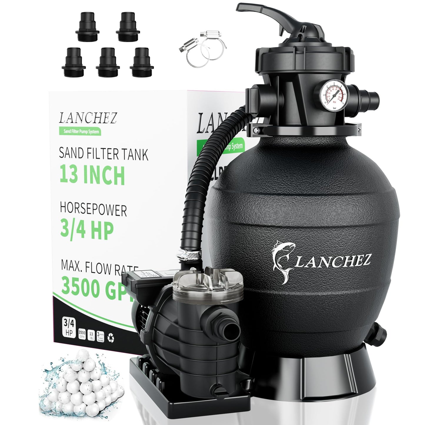 LANCHEZ Sand Filter Pump for Above Ground Pool, Pool Pumps Above Ground, Pool Sand Filter with 7-Way Valve, 13in(3,500GPH)
