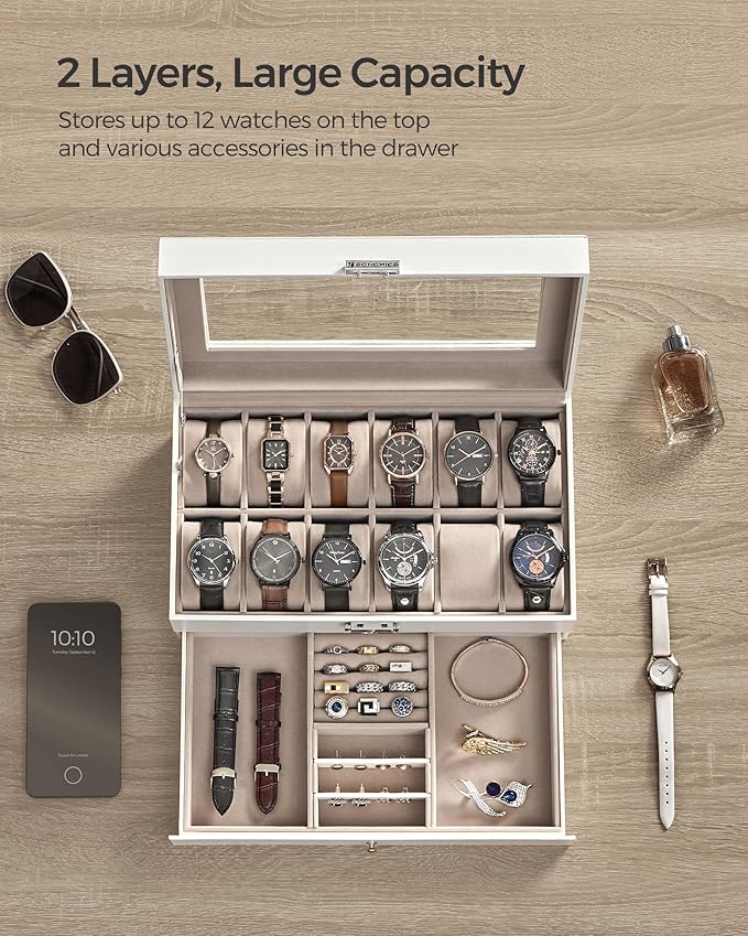 SONGMICS Watch Box, 12-Slot Watch Case Organizer with Large Glass Lid, 2 Layers, Removable Pillows, Metal Lock, Gift for Loved Ones, Cloud White Synthetic Leather, Cappuccino Beige Lining UJWB012W01