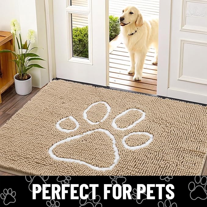 Smiry Dog Door Mat for Muddy Paws, Absorbent Dirt Trapper Non Slip Quick Dry Washable Chenille Mat for Mud Dogs, Entry Rug for Indoor and Outdoor (59x24 Inches, Beige and White)