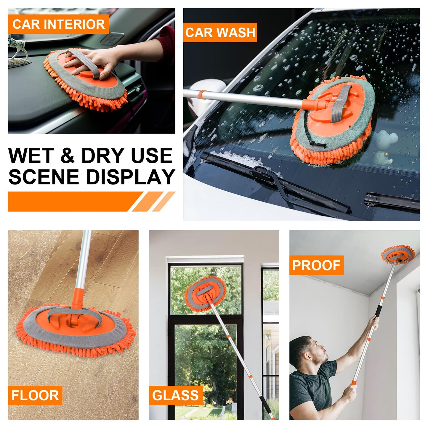 Ordenado 62" Car Wash Brush Kit Mitt Mop Sponge with Long Handle Chenille Microfiber Car Cleaning Brush Kit Supplies Car Washing Mop Kit Car Care Kit of Scratch-Free Replacement Head for Car RV Truck