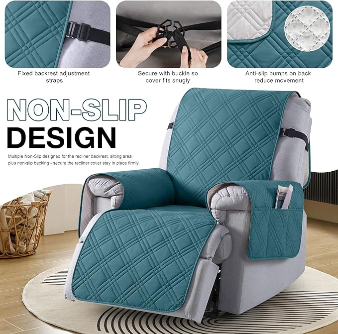 TAOCOCO 100% Waterproof Recliner Chair Cover, Non Slip Recliner Covers for Recliner Chair with Pocket, Washable Reclining Chair Cover Furniture Protector for Kids,Dogs(23.6'', Peacock Blue)