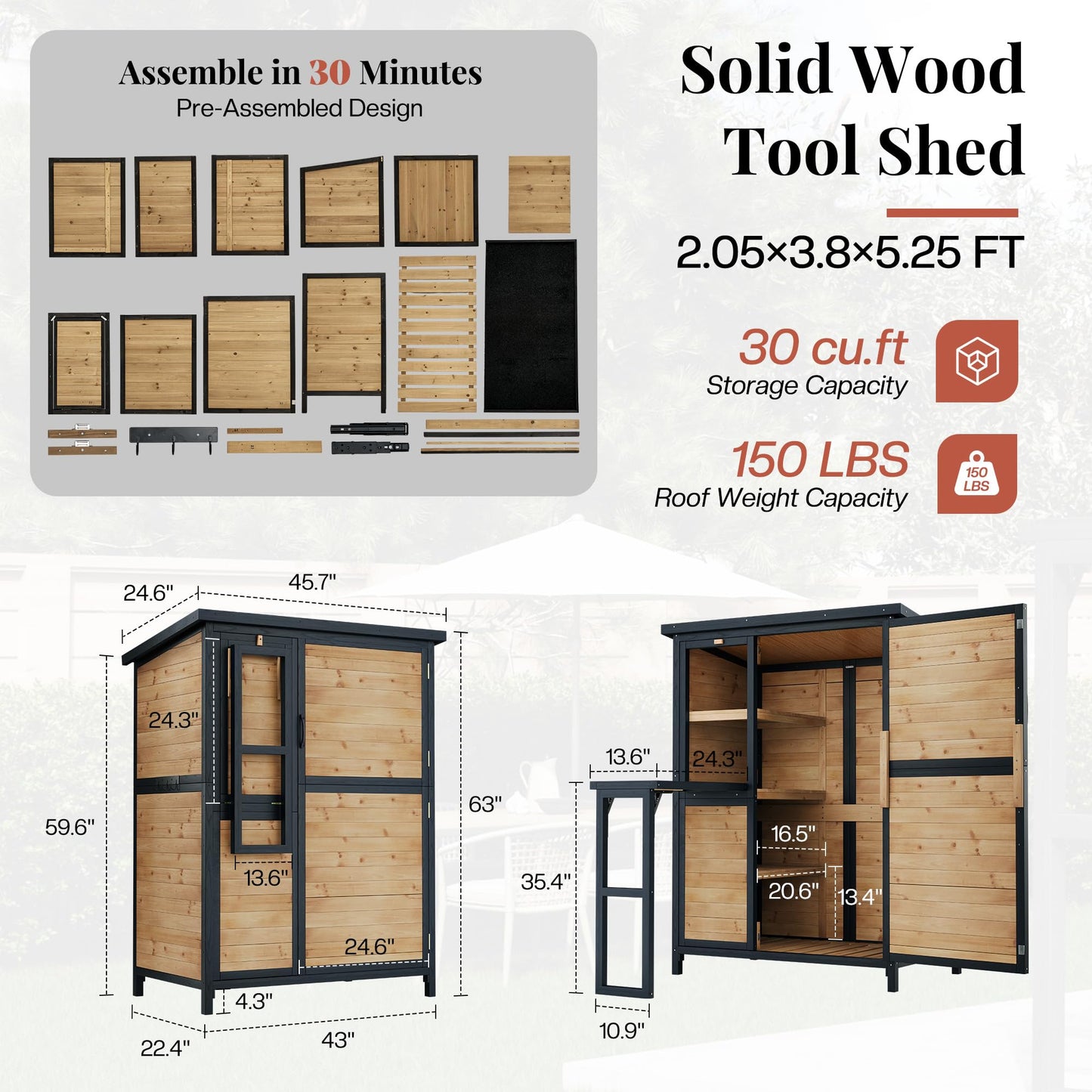 Jocisland Solid Fir Wood Outdoor Storage Shed,Garden Tool Shed with Foldable Workbench