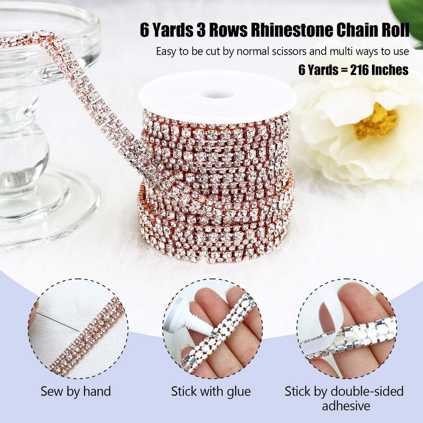 Towenm 6 Yards 3 Rows Crystal Rhinestone Chain, Rose Gold Crystal Rhinestone Close Chain for Jewelry Making, Sewing Rhinestone Trim for Crafts, Wedding Cake, Bouquet, Clothes, DIY Crocs, Cups