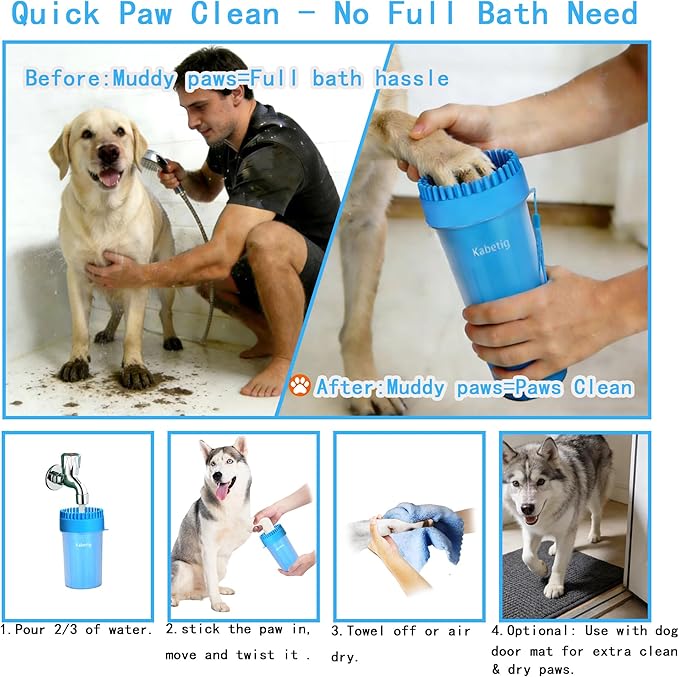 Dog Paw Cleaner Kit for Medium & Small Dogs - Quick Clean No Full Bath, 2-in-1 Paw Wash Cup with Detachable Silicone Brush Head, Includes Bath Brush & 3 Absorbent Towels, Blue