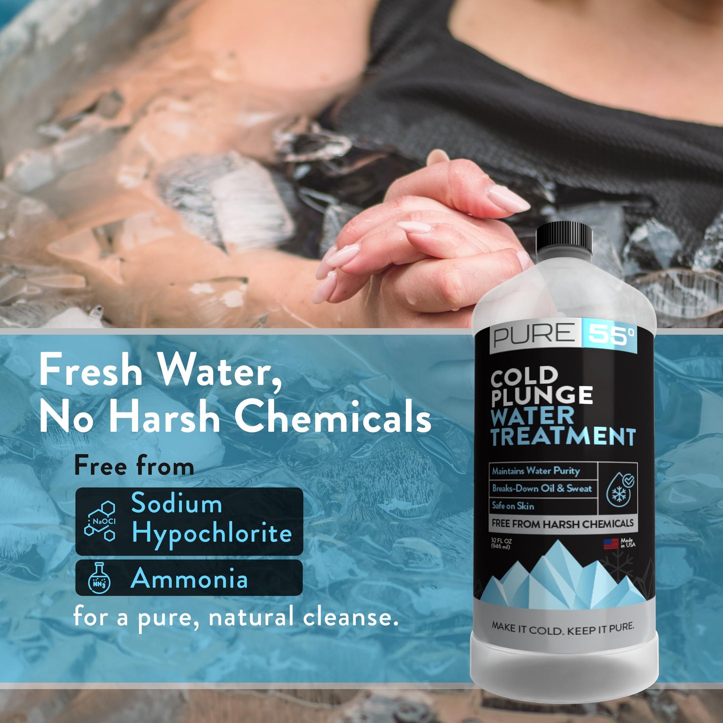 3in1 Cold Plunge Water Treatment, Weekly Natural Ice Plunge Stabilizer & Clarifier, Harsh Chemical Free, Fight Scum & Odors for Clear Waters - Pure55 Made in The USA (32 Fl Oz)
