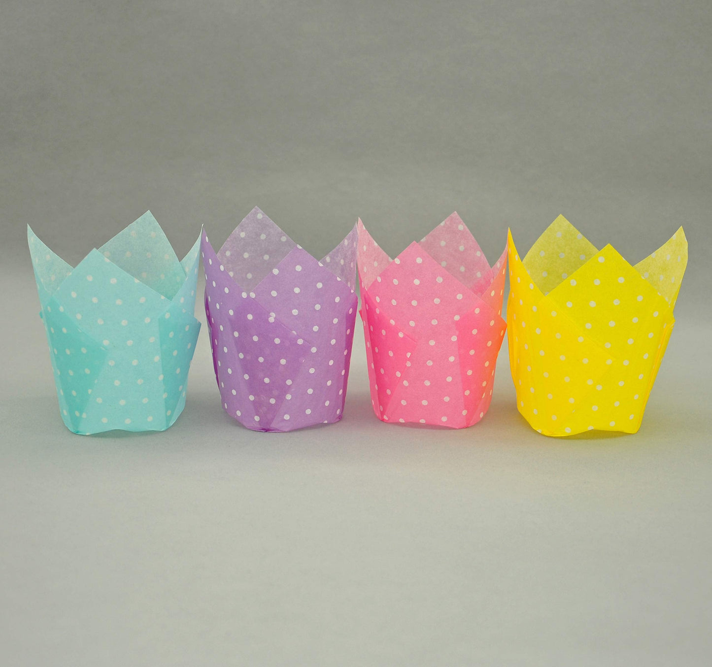 QLSmypkg Large Muffin Greaseproof paper Baking cupcake cups, 2-1/4" x 4" Blue,Yellow,Pink,Purple printed with Polka Dot(each colour about 32 pcs, total 125 pcs) Tulip Baking Cup(Large) (125, Multi)