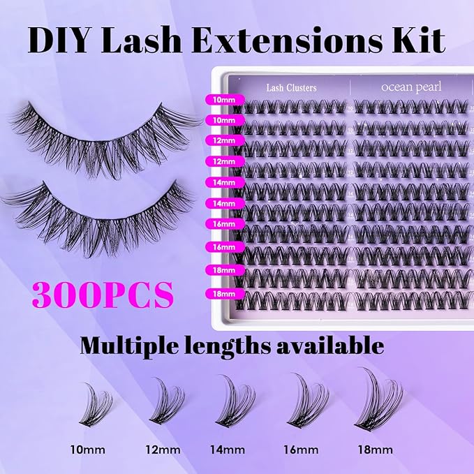 Ocean Pearl Lash Clusters 300pcs 10-18mm Cluster Eyelash Extensions Natural Eyelash Clusters Thin Band Individual Lashes Soft Eyelashes False Eyelashes DIY Lash Extensions Kit with bond and seal-M36