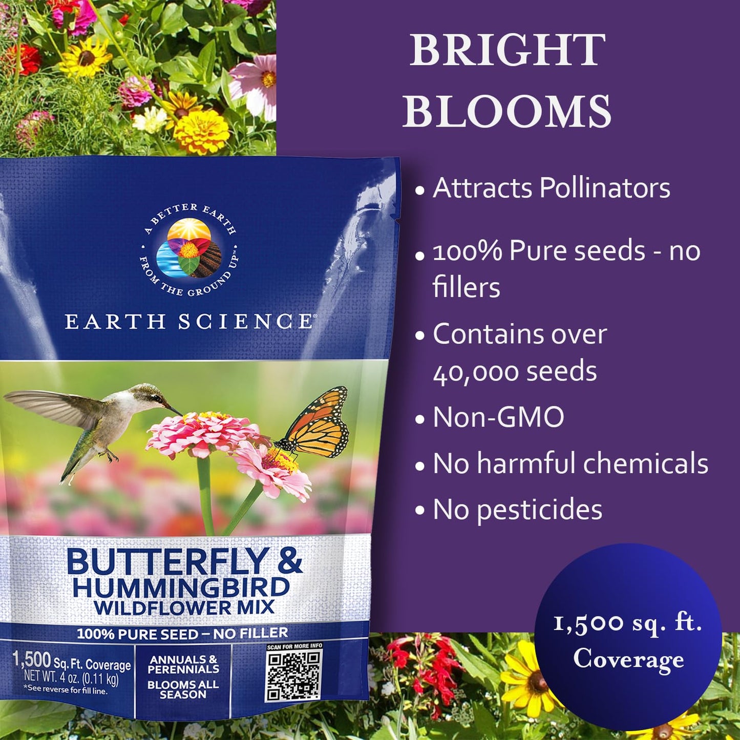 Earth Science Butterfly & Hummingbird Wildflower Seed Blend - 4oz - Premium Flower Seeds to Attract Bees, Butterflies, Hummingbirds & Native Pollinators - Non GMO