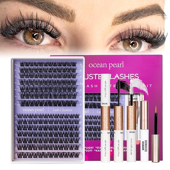 Ocean Pearl Lash Clusters Kit 168pcs 10-18mm manga/anime-inspired lashes clusters,spike-effect cluster lashes,Eyelashes,DIY Cluster Eyelash Extensions kit with lash bond+seal+remover+tweezers-DM01+M38