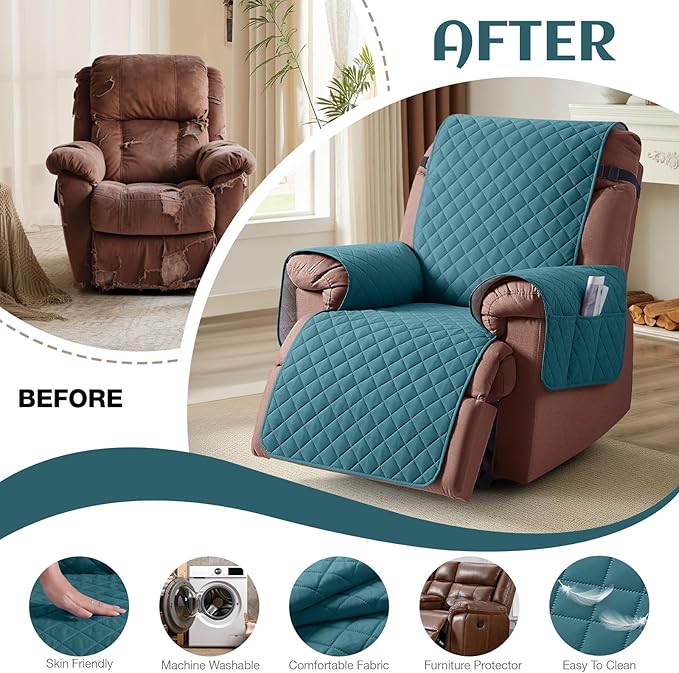 KinCam 100% Waterproof Recliner Chair Cover, Reclining Couch Covers for Pets, Dogs, Recliner Couch Slipcover Furniture Protector with Elastic Straps for Kids(23.6", Peacock Blue)