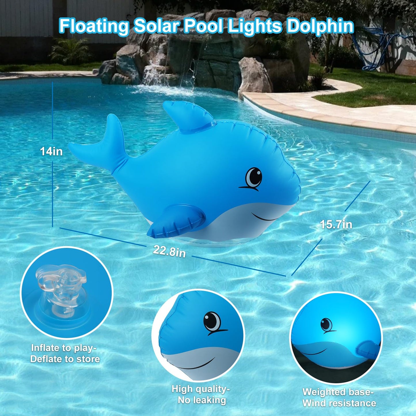 Goallim Solar Floating Pool Lights Dolphin, Glow in the Dark Solar Pool Lights that Float, IP68 Wateproof Inflatable Solar Floating Lights for Pool Pond Wedding Party Decorations - 2PC