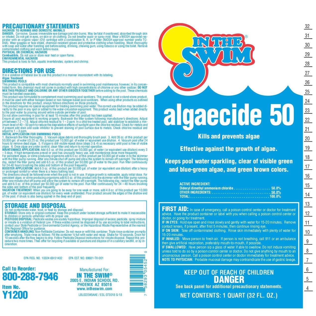 In The Swim Algaecide 50 for Swimming Pools - Green, Black, and Yellow Algae Treatment for Above Ground or Inground Swimming Pools - 1 Quart