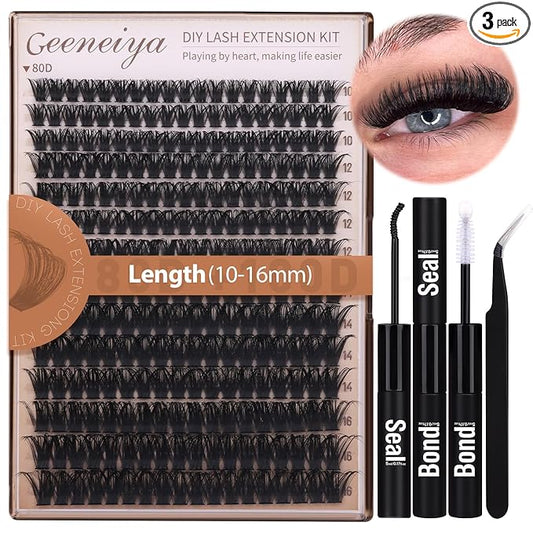 Geeneiya Volume Lash Clusters Kit DIY Lash Extension Kit D Curl Eyelash Extensions with Waterproof Lash Bond and Seal Waterproof Tweezers,10-16MM Cluster Lashes 300Pcs