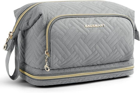 BAGSMART Travel Makeup Bag, Cosmetic Bag Make Up Organizer Case, Large Wide-open Pouch for Women Double Layers Purse for Toiletries Accessories Brushes Greey