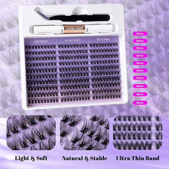 Ocean Pearl Lash Clusters 300pcs 10-18mm Cluster Eyelash Extensions Natural Eyelash Clusters Thin Band Individual Lashes Soft Eyelashes False Eyelashes DIY Lash Extensions Kit with bond and seal-M36