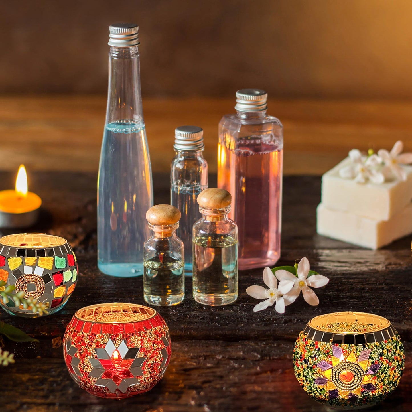 SHMILMH Glass Candle Holder Set of 4, Diwali Gift Votive Candle Holders Handmade Mosaic Glass Tealight Holders Diwali Christmas Table Decorations for Home