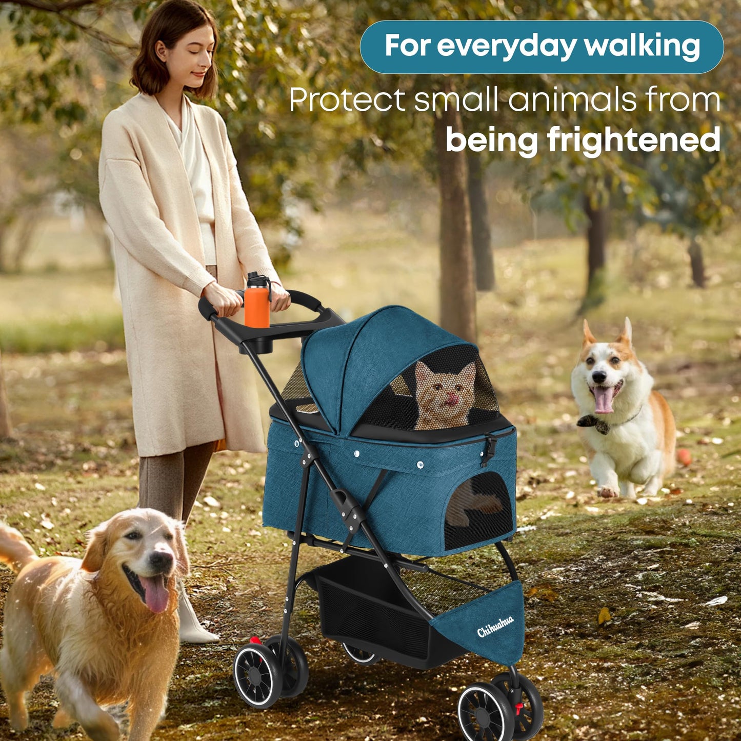 Pet Stroller,Dog Stroller for Small Medium Dogs Cats,3 Wheels,Foldable,with Breathable Mesh Canopy,Cup Holders,Easy Assembly,Green