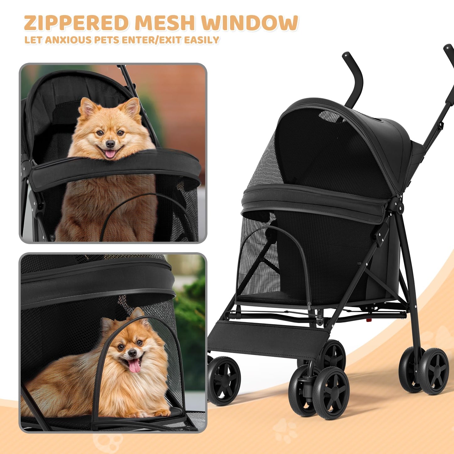 Magshion Compact Pet Stroller for Small-Medium Dogs/Cats up to 22lbs, 4-Wheel Lightweight Umbrella Shaped Portable Puppy Travel Jogger with Breathable Mesh, Cup Holder & Rear Storage, Black