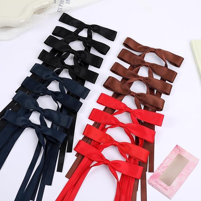 Hair Bows Clips Coquette Ribbon Bowknot with Long Tail Princess Hair Bows French Barrettes Hair Accessories for Women Girls 16PCS (Red, Brown, Dark Blue, Black)