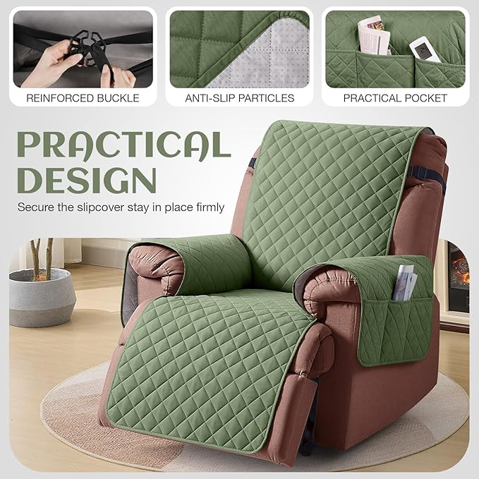 KinCam 100% Waterproof Recliner Chair Cover, Reclining Couch Covers for Pets, Dogs, Recliner Couch Slipcover Furniture Protector with Elastic Straps for Kids(28", Cactus Green)