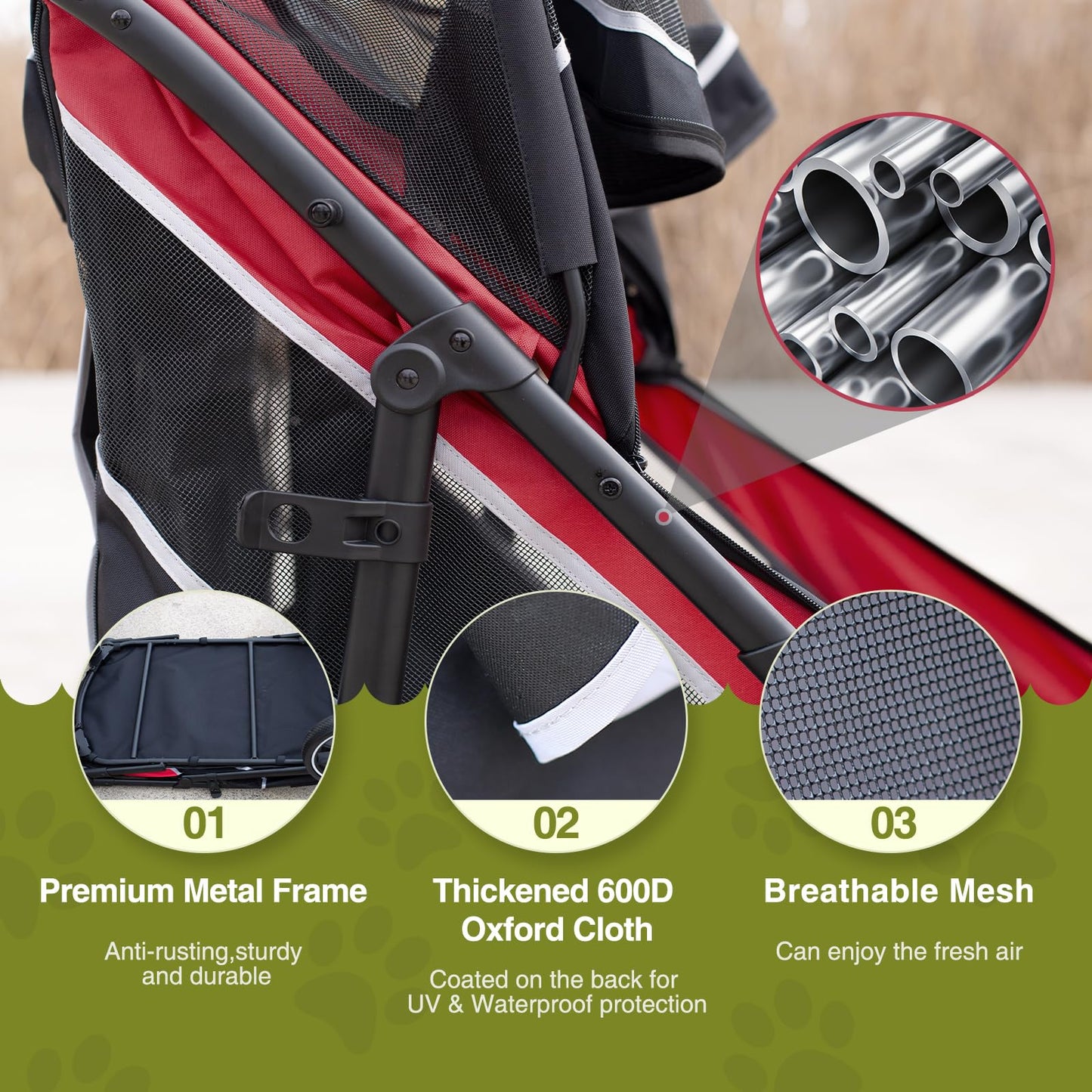 Dog Stroller for Medium/Large Dogs One-Click Folding, Extra Large Pet Stroller for 2 Dogs with Storage Pocket & Shock Absorption, Up to 130 lbs, Red