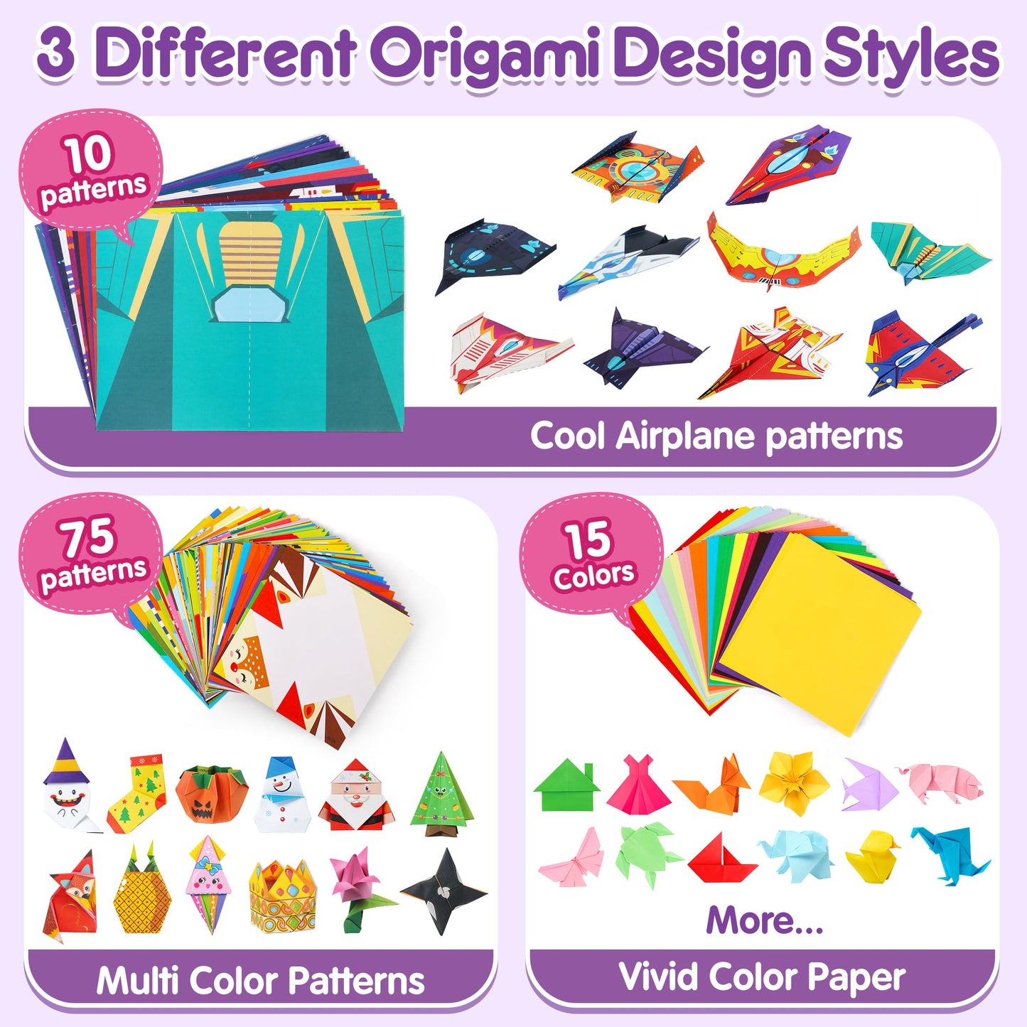 Mocoosy 320 Sheets Origami Kit for Kids Ages 5-8 9-12, Folding Paper Set with Origami Book & Paper Airplane, DIY Art Craft Project for Boys Girls, Travel Game Airplane Car Road Trip Activity Toy Gift
