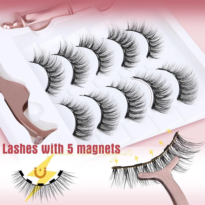 Magnetic Eyelashes with Eyeliner Natural Look Magnetic Lashes with Applicator No Glue Needed Cat Eye Lash Wispy Magnet Lash 5 Pairs with Magnet Eyeliner
