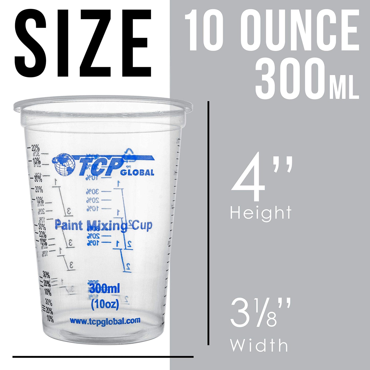TCP Global 10 oz. (300ml) Graduated Plastic Mixing Cups - Box of 50 with 50 Mixing Sticks - Disposable Plastic Measuring Cups for Liquids, Paints, Resin, Epoxy, Art, Kitchen - Ratios 2-1, 3-1, 4-1 ML