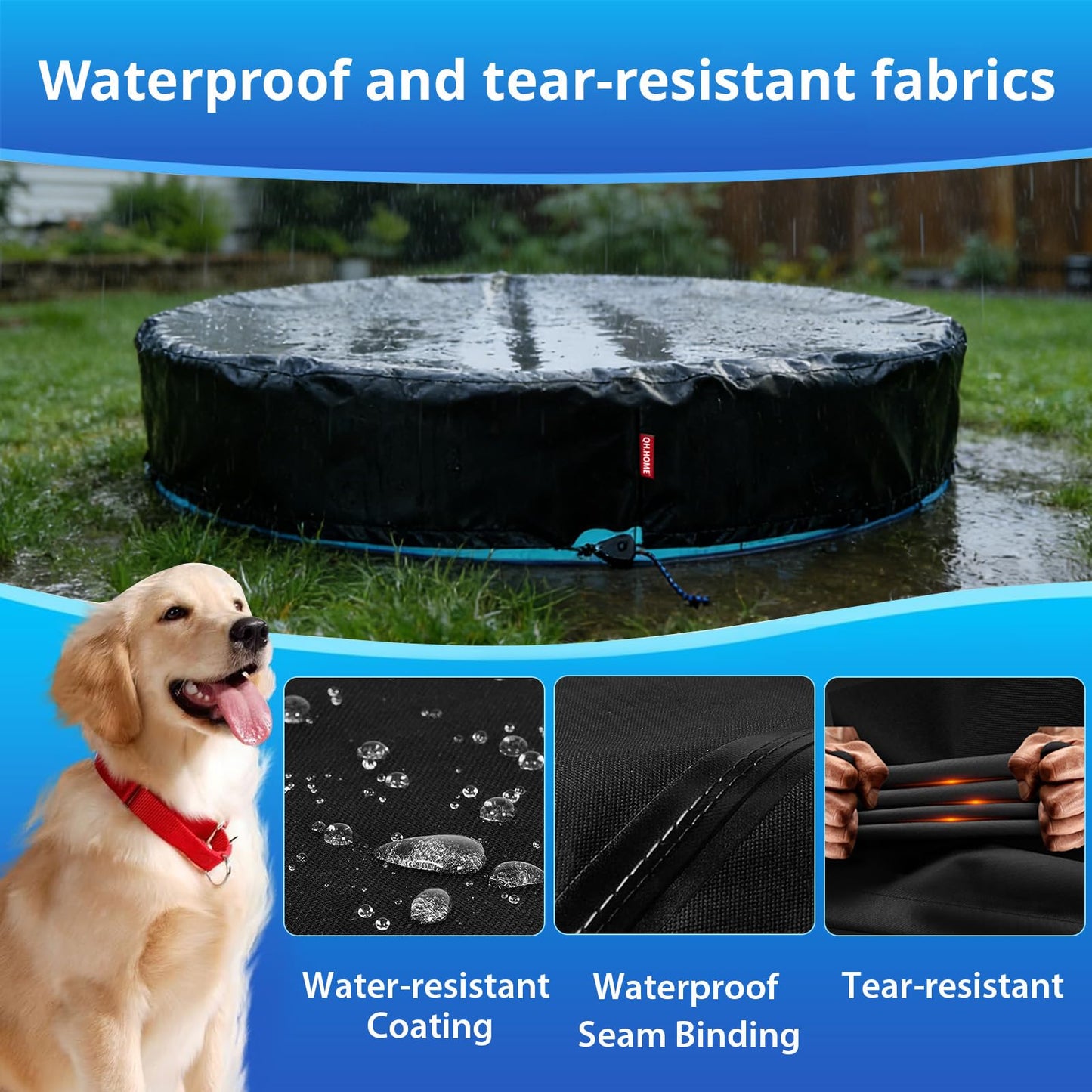 QH.HOME 71-72 inch Foldable Dog Pool Cover Round, Collapsible Pet Swimming Pool Cover for Large Dogs – Waterproof, Odorless Fabric, Ratchet Lock – Kiddie Pool Cover Only