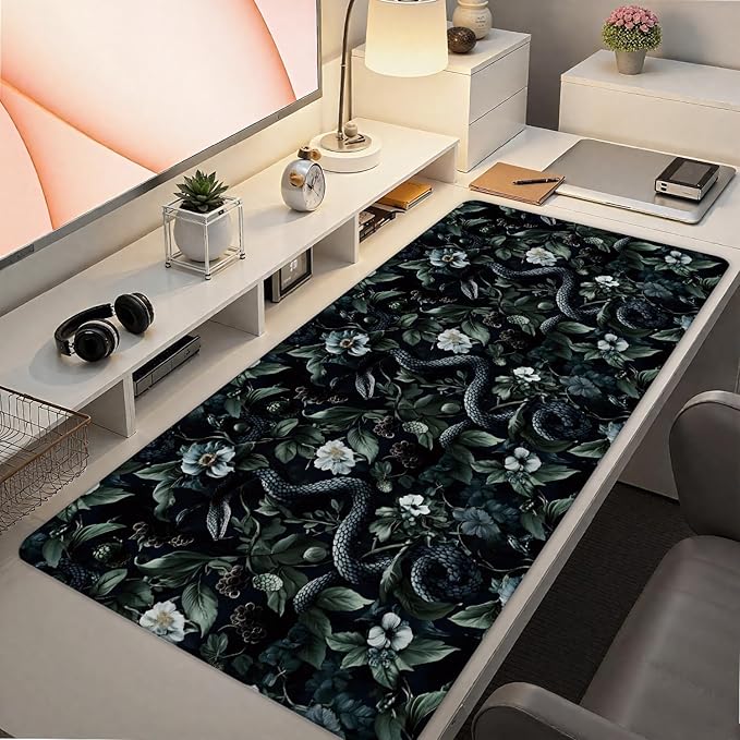 Dark Green Gothic Botanical Serpent Large Mouse Pad 31.5x15.7inch, Dark Academia Moody Witchy Floral Snake Big Extended Desk Mat Mousepad XL Gaming Keyboard Mat for Home Office Accessories