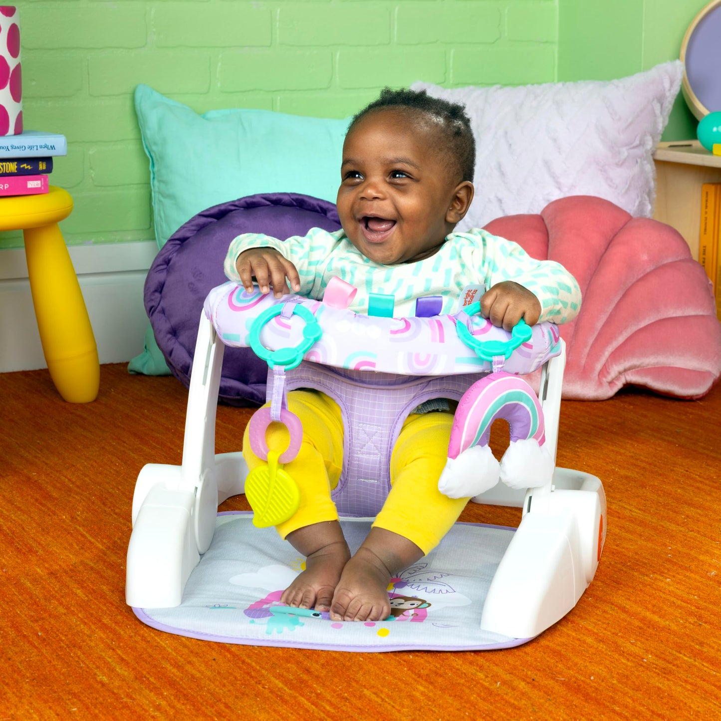 Bright Starts Learn-to-Sit Baby Floor Seat, 2-Positions Grow with Infant, Portable Baby Chair, Includes Sensory Toys, Unisex, 4-12 Months, Purple Paradise