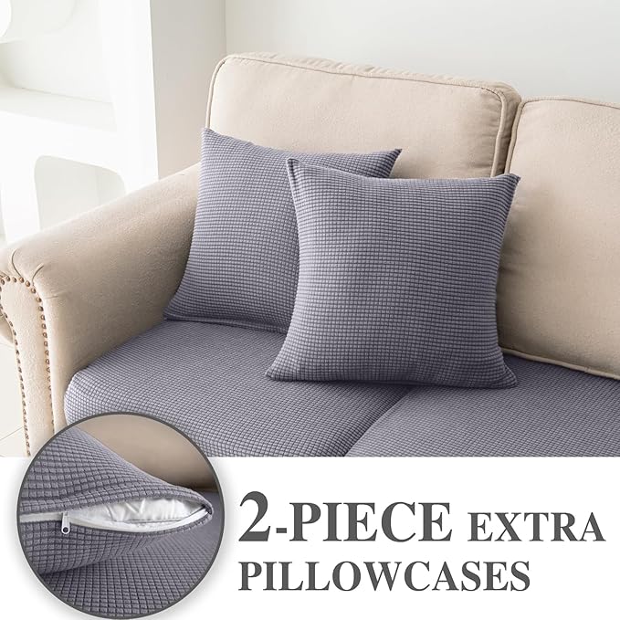 Couch Cushion Covers for Sectional Sofa L Shape Washable Separate Seat Chaise Couch Cover Stretch Sofa Slipcovers with 2 Pcs Pillowcases(2 Seater + 1 Chaise, Light Grey)